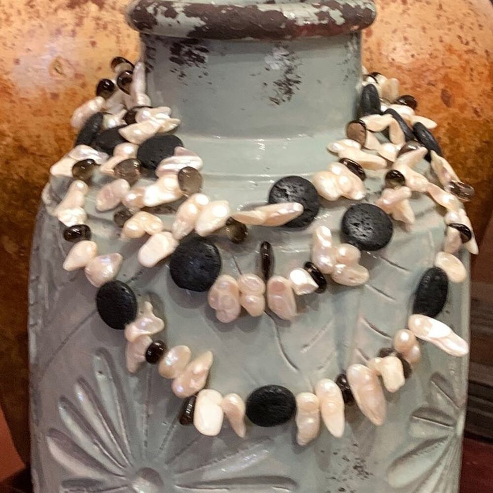 Three Strand Lava, Pearl and Quartz Graduating Layered Necklace